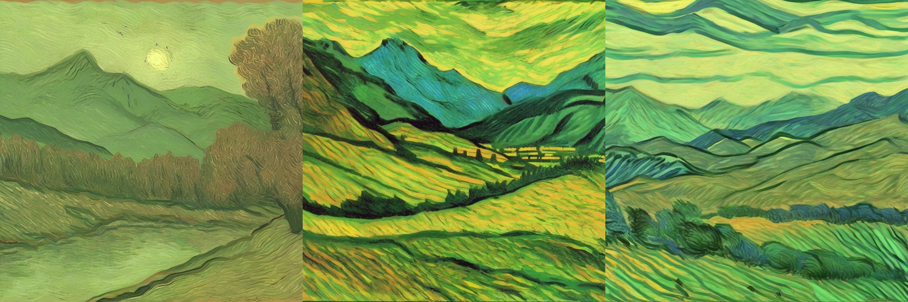 Baseline SDXL LoRA outputs for the landscape with mountains Van Gogh-style prompt across three seeds