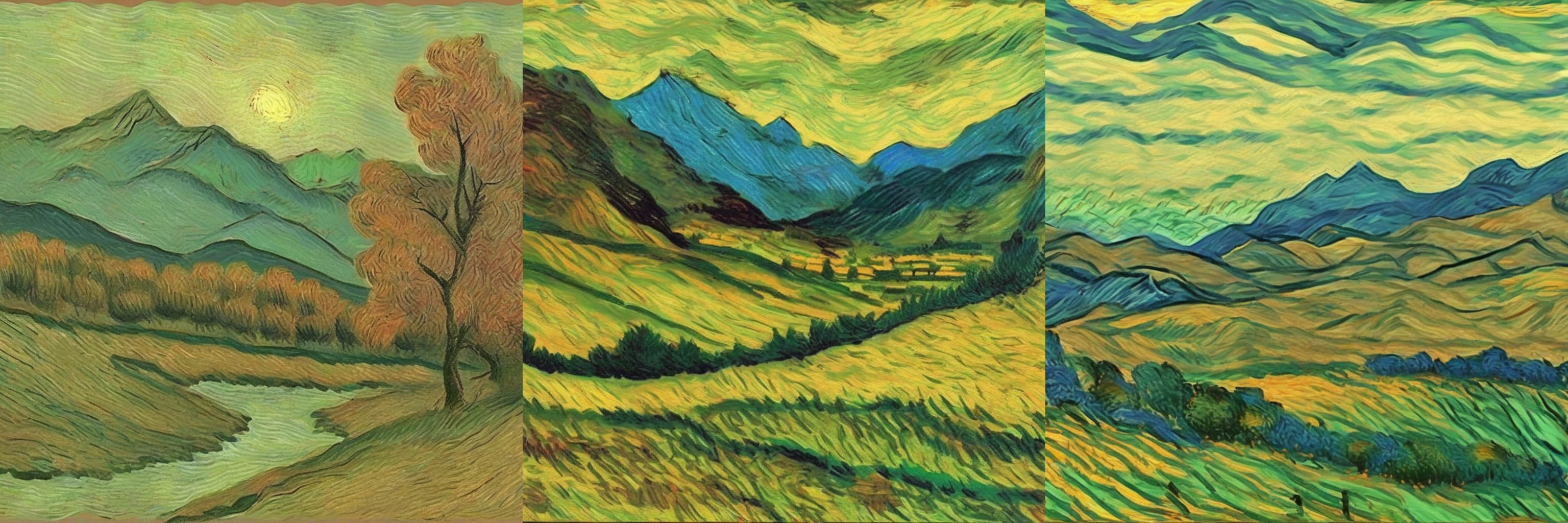 Champion SDXL LoRA outputs for the landscape with mountains Van Gogh-style prompt across three seeds